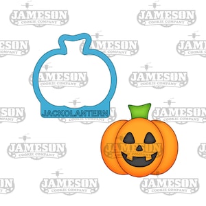May include: A blue cookie cutter shaped like a pumpkin with the text "Jackolantern" below it. A decorated orange pumpkin cookie with a jack-o-lantern face is to the right of the cutter.