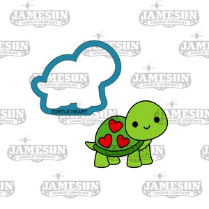 May include: A green cartoon turtle with three red hearts on its shell and a smiling face. Next to it is a blue cookie cutter in the shape of a turtle. The text "TURTLE HEART" is visible.