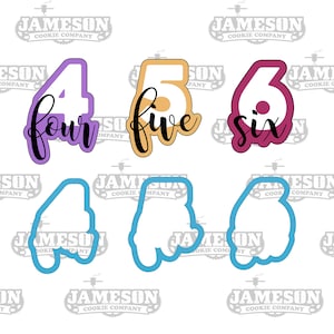 May include: A set of three cookie cutters, one for each of the numbers four, five, and six. The cutters are in purple, orange, and pink, respectively. The numbers are written out in cursive below each number. The cutters are shown next to their corresponding outline cutters.