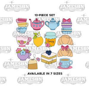 May include: A 13-piece cookie cutter set featuring a teapot, teacups, a lemon, a jar of honey, a croissant, a cake, a tea bag, and macarons. The cookie cutters are in various colors, including pink, blue, yellow, and green. The set is available in 7 sizes.  "13-PIECE SET" and "AVAILABLE IN 7 SIZES" are written in black text on a white background.