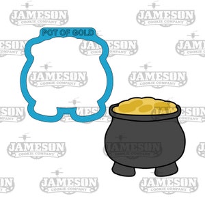 May include: A blue cookie cutter in the shape of a pot with a handle, and a black pot with gold coins inside. The text "POT OF GOLD" is above the cookie cutter.