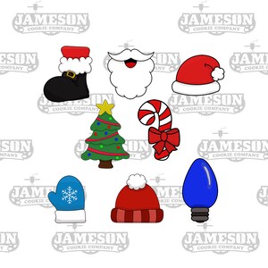 Puede incluir: Nueve cortadores de galletas de Navidad en varias formas, incluyendo una bota, la barba de Papá Noel, un gorro de Papá Noel, un árbol de Navidad, un bastón de caramelo, una manopla, un gorro de Papá Noel, una bombilla y un gorro de Papá Noel. Los cortadores de galletas están todos delineados en negro y rellenos de varios colores.