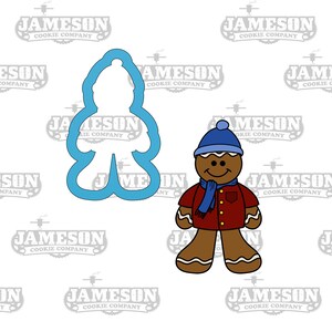 May include: A blue gingerbread cookie cutter and a decorated gingerbread cookie of a person wearing a blue hat and scarf. The cookie has a red shirt, brown trousers, and a white face with a smile.
