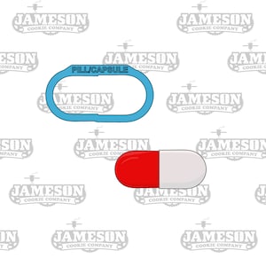 May include: A blue cookie cutter shaped like a pill capsule with the text "PILL/CAPSULE" on it. A red and white cookie cutter shaped like a pill is also shown.