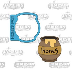May include: A blue cookie cutter shaped like a honey pot with the words "HONEY POT" written vertically on the side. A brown honey pot with a yellow lid and dripping honey is shown next to the cutter. The pot has the word "Honey" written on the front.