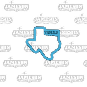 May include: A blue outline of the state of Texas with the word "TEXAS" in black text inside the outline. The outline is surrounded by a white background with a repeating pattern of the words "JAMESON COOKIE COMPANY" in gray text.