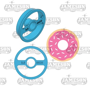 May include: Two blue 3.5 inch cookie cutters, one round and one with a donut shape, and a pink and white frosted donut cookie cutter.