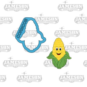 May include: A blue cookie cutter shaped like an ear of corn with the word "CORNCOB" written on it.  A cartoon corn cob with a smiling face and green leaves is also shown.