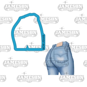 May include: A blue cookie cutter in the shape of a pair of jeans with the text "MOM JEANS" on the side. The cookie cutter is next to a drawing of a pair of blue jeans.