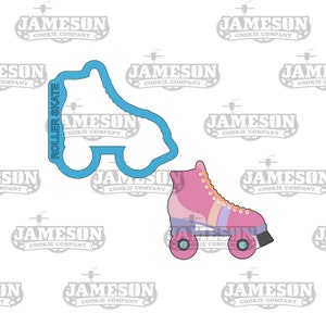 May include: A blue roller skate cookie cutter and a pink roller skate with rainbow stripes and wheels. The roller skate has orange laces and a yellow tongue.