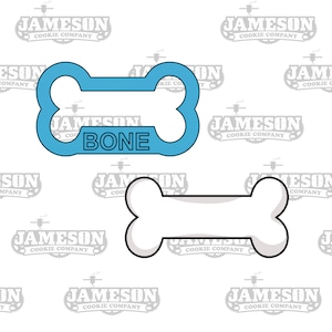 May include: Two cookie cutters in the shape of a bone. The top cutter is light blue and says "BONE" in black text. The bottom cutter is white with a black outline.