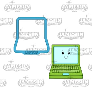 May include: A green and blue cartoon laptop with a smiling face. The laptop has a white screen and a black keyboard. The image also includes a blue outline of the laptop, with the word "LAPTOP" written below it.