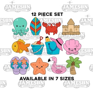 May include: A set of 12 cookie cutters featuring various summer-themed designs, including an octopus, surfboard, crab, sandcastle, fish, bucket and shovel, seashell, flip flops, starfish, flamingo, and palm tree. The cookie cutters are available in 7 sizes.  12 PIECE SET