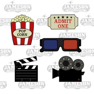 Movie Theme Cookie Cutter Set - Cinema - Theater - Popcorn, 3D Glasses, Clapboard, Projector, Ticket