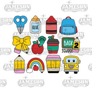 May include: A set of 12 cookie cutters featuring back to school themes. The cutters are in various shapes, including a pencil, a rainbow, a school bus, a backpack, an apple, a glue bottle, a pair of scissors, a cup of coffee, a bow, a worm, and a crayon. The cutters are all yellow, red, blue, green, and pink.