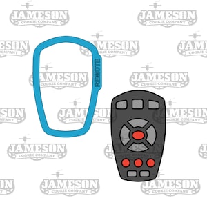 Puede incluir: Un cortador de galletas azul en forma de control remoto con la palabra "REMOTE" escrita verticalmente en el lateral. Un cortador de galletas de control remoto negro y gris con botones rojos.