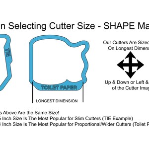 May include: Diagram showing how to determine the size of a cookie cutter based on the longest dimension of the shape. The example shapes are a tie and a toilet paper roll. The text states that 4 and 4.5 inches is the most popular size for slim cutters and 3.5 and 4 inches is the most popular size for wider cutters.