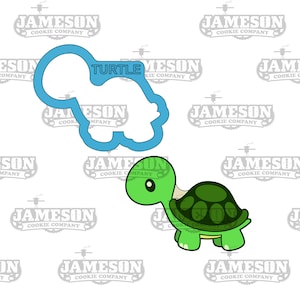 May include: A green turtle cookie cutter with the word "TURTLE" printed on it. The cutter is shown next to a cartoon image of a green turtle with a brown shell.