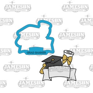 Cortador de galletas con forma de placa con forma de birrete de graduación y diploma: graduado, felicitaciones, último año