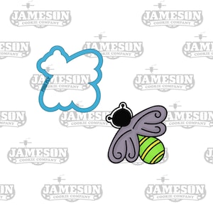 May include: A cookie cutter in the shape of a bee with a purple body, yellow and green stripes, and black eyes. The cutter is on a white background with the text "JAMESON COOKIE COMPANY" repeated in the background.