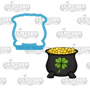May include: A black pot of gold cookie cutter with a shamrock and gold coins. The cutter is on a white background with the words "Pot of Gold" and "Jameson Cookie Company" printed on it.