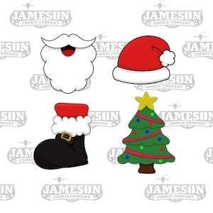 Puede incluir: Un conjunto de cuatro cortadores de galletas de Navidad: una cabeza de Papá Noel, un gorro de Papá Noel, un árbol de Navidad y una bota de Papá Noel. Los cortadores están hechos de metal y tienen un acabado plateado.