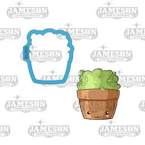 May include: A green bush in a brown pot with a cute cartoon face. The pot has a white outline and a white smile. The bush has green leaves and white flowers. The image also includes a blue cookie cutter in the shape of a bush.