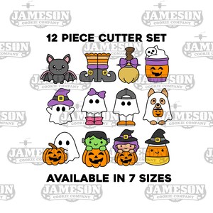 Puede incluir: Un juego de 12 cortadores de galletas de Halloween con diseños variados, como un murciélago, una bota de bruja, un fantasma, una calabaza y un caramelo de maíz. Los cortadores tienen diferentes formas y tamaños.