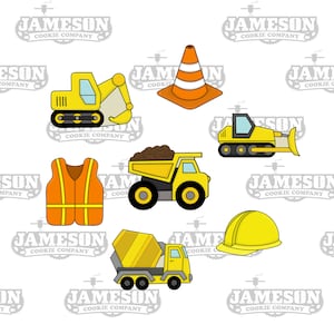 Construction Cookie Cutter Set - Dump Truck, Bulldozer, Safety Cone, Cement Truck, Excavator, Hard Hat, Vest - Birthday Theme