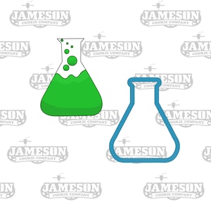 May include: Two cookie cutters in the shape of beakers. One beaker is filled with green liquid and has bubbles. The other beaker is empty and is outlined in blue.