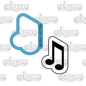 May include: A blue cookie cutter shaped like a cloud with the words "Music Notes" written vertically on the right side. A black cookie cutter shaped like a musical note is on the right side of the image.