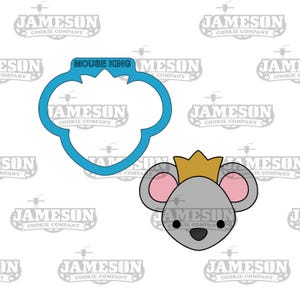 May include: A blue cookie cutter in the shape of a mouse head with the text "Mouse King" above it. A grey mouse head with a gold crown and pink ears is shown to the right of the cutter.