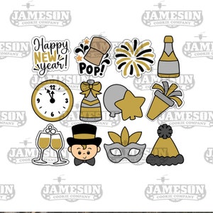 May include: A set of 12 gold and silver cookie cutters featuring New Year's Eve themes, including a clock, champagne bottle, party hat, and fireworks. The text "Happy New Year!" and "Pop!" are included in the set.