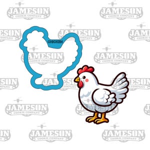 May include: A blue chicken-shaped cookie cutter next to a cartoon chicken illustration. The cookie cutter has the word "CHICKEN" on it. The cartoon chicken is white with a red comb and yellow feet.