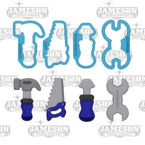 May include: A set of six blue cookie cutters shaped like tools: a hammer, a saw, a screwdriver, a wrench, a wrench with the text "10mm Wrench", and a chisel. The cookie cutters are on a white background.