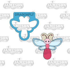 May include: A blue dragonfly cookie cutter with the word "DRAGONFLY" printed on it. A cartoon dragonfly with blue wings, a pink body, and brown antennae is shown next to the cutter.