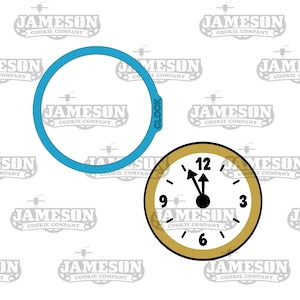 May include: A blue cookie cutter in the shape of a clock face, and a gold cookie cutter in the shape of a clock face with black hands and numbers.