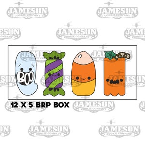 May include: A set of four Halloween-themed cookie cutters. Designs include a ghost with "BOO" text, a wrapped candy, a candy corn, and a pumpkin. The text "12 X 5 BRP BOX" is also present.