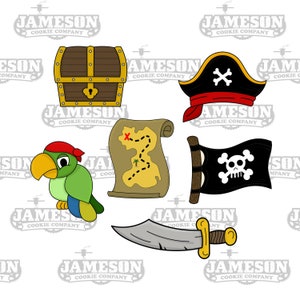 Juego de cortadores de galletas piratas para fiesta de cumpleaños: loro, tesoro, sombrero, mapa, bandera y espada