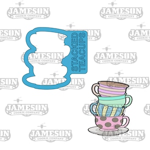 May include: A blue cookie cutter in the shape of stacked teacups with the text "Stacked Teacups" on the side. A graphic of a stack of three teacups with polka dot, striped, and solid colors.