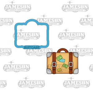 May include: A blue cookie cutter in the shape of a suitcase with the word "SUITCASE" printed on it. A brown suitcase with a handle, two straps, and three luggage tags is shown next to the cookie cutter.