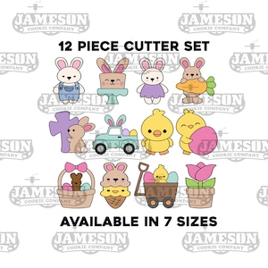 May include: A 12-piece Easter cookie cutter set featuring bunnies, chicks, and Easter-themed shapes. The set includes a bunny in overalls, a bunny on a cake, a bunny with a carrot, and more. Available in 7 sizes.