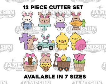 Easter Cookie Cutter Set - 12 Piece Set - Boy and Girl Bunny, Bunny Cross, Bunny Truck, Chick, Basket, Wagon, Tulip, and More!