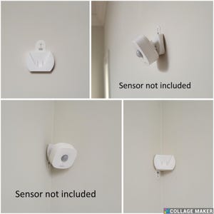 May include: Four images showing a white wall-mounted sensor light. The light is shown in different positions on the wall. The text "Sensor not included" is written below the light in two of the images.