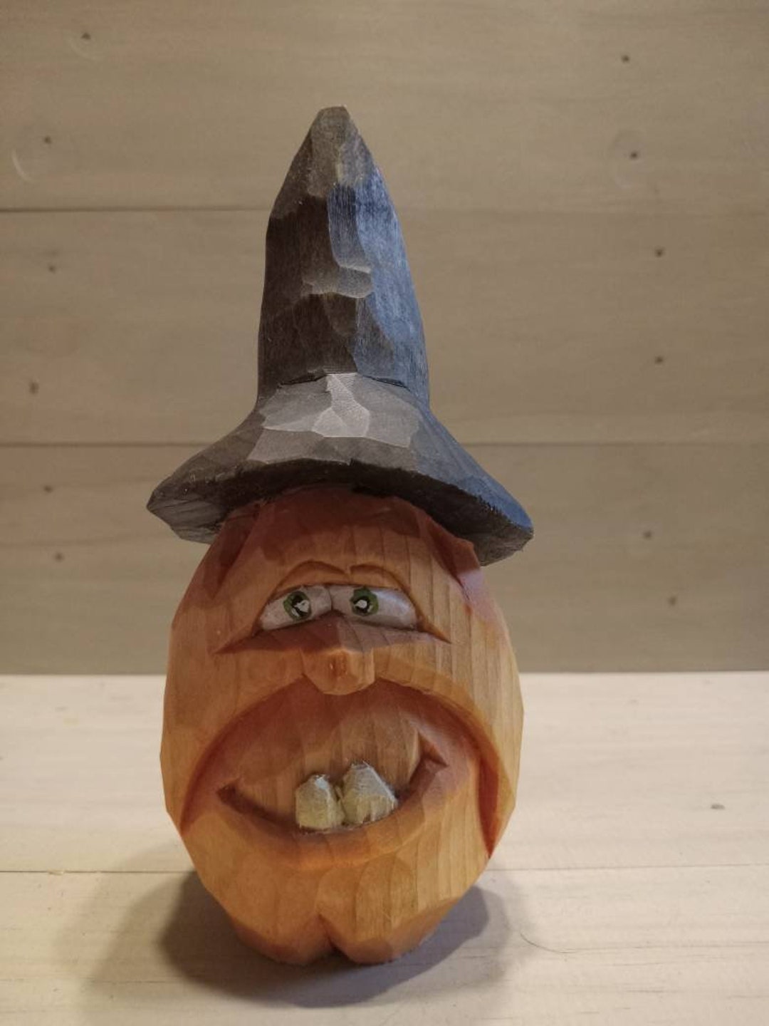 Hand Carved Wooden Pumpkin With Witches Hat. One of a
