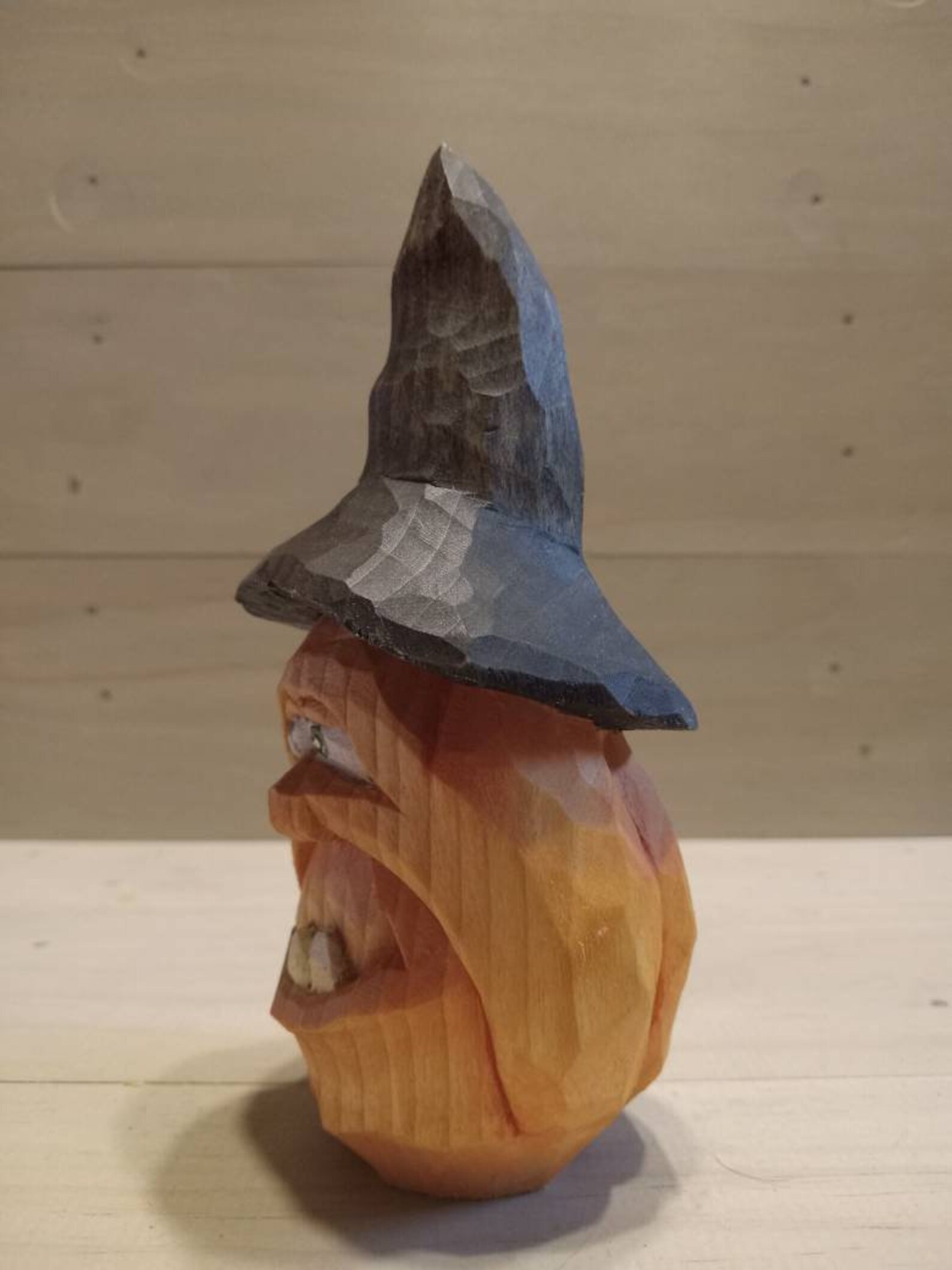 Hand Carved Wooden Pumpkin With Witches Hat. One of a