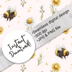 Pode incluir: Um design digital com ilustrações em aquarela de abelhas, margaridas e flores silvestres em um fundo rosa claro. O design inclui o texto "Instant Download!" e detalhes sobre o tipo de arquivo.