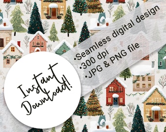 May include: A seamless digital design with a repeating pattern of houses and Christmas trees in various colours on a white backdrop. The image includes the text "Instant Download!" and file details.