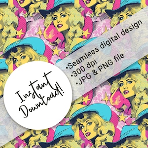 May include: A seamless digital pattern featuring a repeating design of a woman with blonde hair wearing a blue and white cowboy hat. The background is pink with yellow stars and hearts.