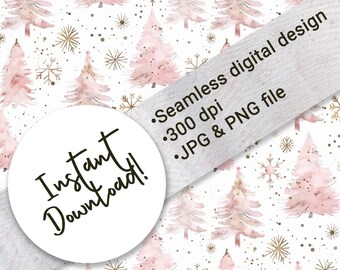 Pink Gold Christmas Tree Seamless Pattern | Watercolor Winter Seamless Design | Pastel Winter Snowflake Background | Christmas Sublimation